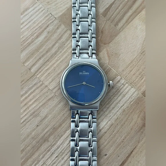 Skagen Steel Watch Blue Dial Stain Case, Bracelet, Hands, Markers